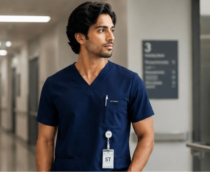 Male healthcare professional wearing navy scrubs in modern hospital corridor