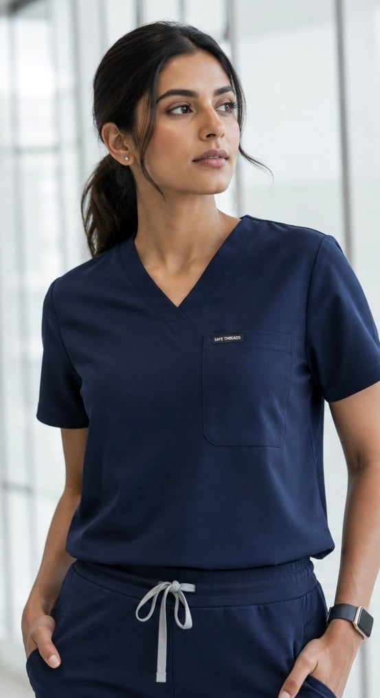 Female healthcare professional wearing navy scrubs in modern clinical environment